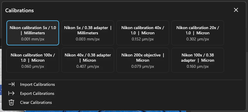 The Pixosight calibration gallery listing named profiles with their scale factors, plus import and export actions