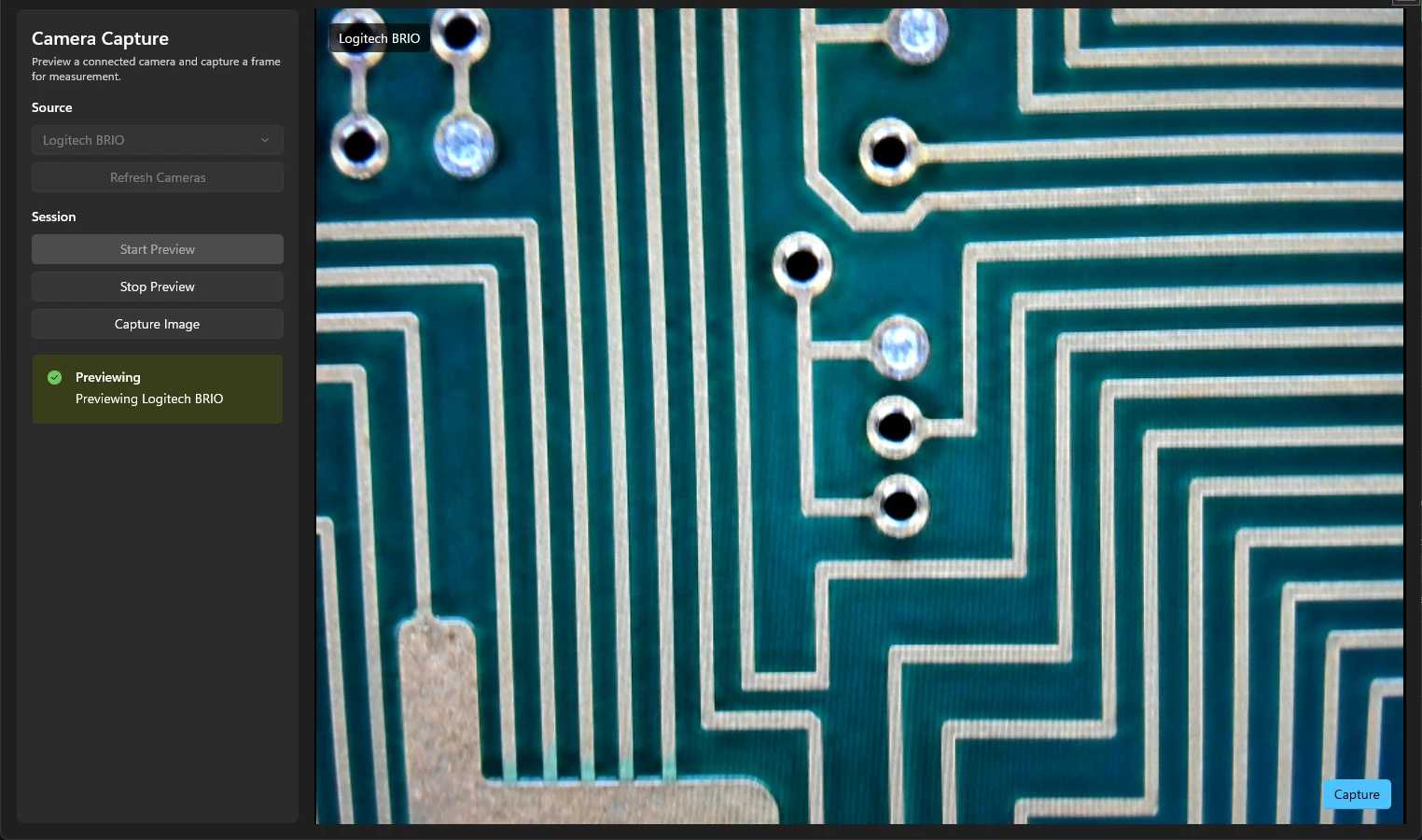 Pixosight Camera Capture screen with a source picker, preview controls, and a live view of a circuit board