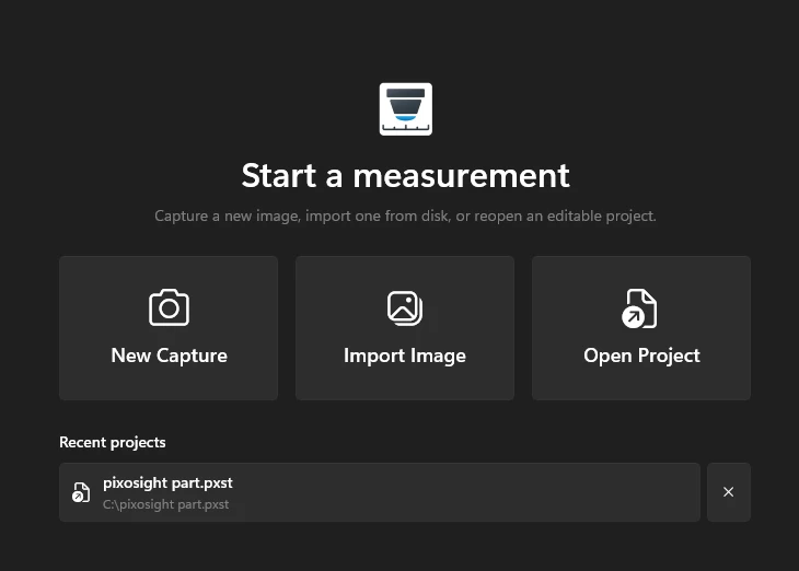 The Pixosight start screen offering New Capture, Import Image, Open Project, and a recent .pxst project