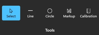 The Pixosight tools ribbon: Select, Line, Circle, Markup, Calibration